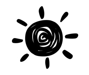 Hand drawn sun icon. Doodle children drawing. Vector illustration