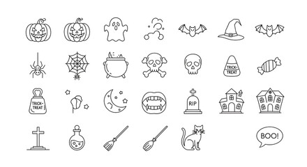 A comprehensive set of Halloween thin line icons with spooky holiday symbols and festive elements