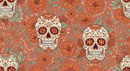 Seamless repeating pattern of ornate floral sugar skulls and marigolds for a festival