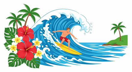 Surfer rides big wave amidst tropical foliage palm trees © Avra