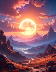 Naklejka premium A huge, glowing sun setting over a vast valley