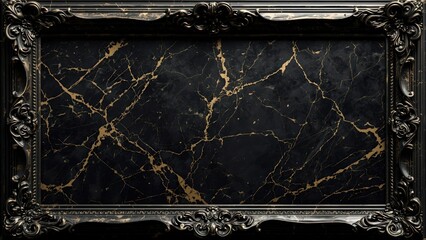 A luxurious frame with a black and gold veined marble texture and a subtle inner border. Elegant and modern background design for a prestigious award, certificate, or exclusive invitation