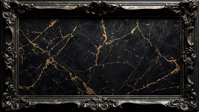 A luxurious frame with a black and gold veined marble texture and a subtle inner border. Elegant and modern background design for a prestigious award, certificate, or exclusive invitation