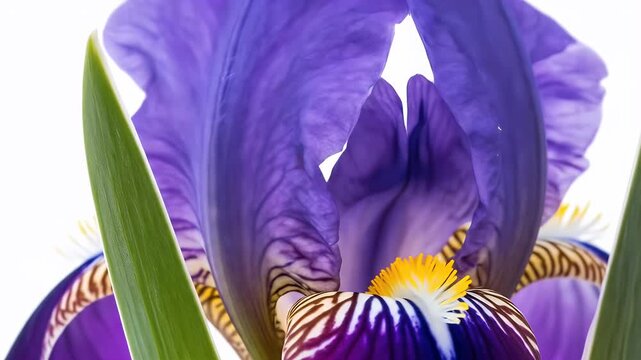 Close up of a purple iris flower bud opening slowly on a white background.