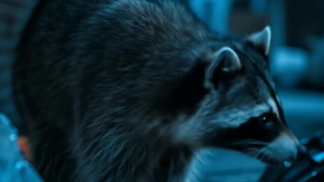 Close up of a raccoon in the dark at night.