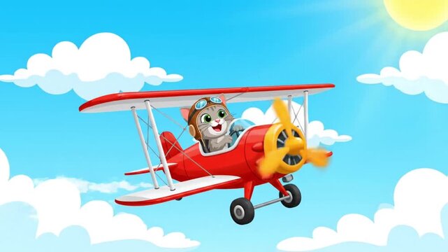 cute cat pilot flying biplane sunny sky adventure