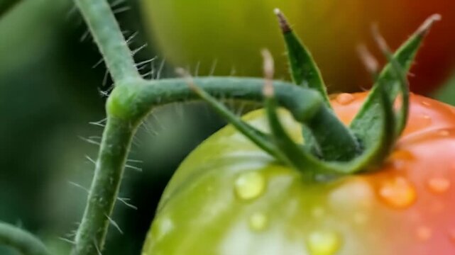 Close up of a ripening tomato on the vine with water droplets.