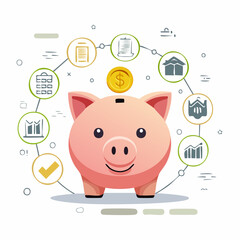 Illustration of a pink piggy bank with a gold coin, surrounded by icons representing financial planning and growth.