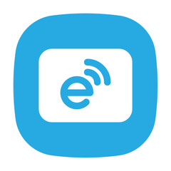 NFC or contactless payment glyph icon in flat blue rounded square, symbolizing digital payment and connectivity