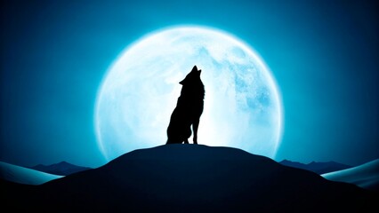 Wolf howling at a bright full moon over dark mountains at night
