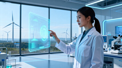 Scientist interacting with holographic display in lab