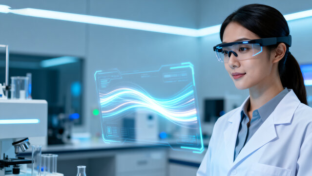 Scientist using futuristic smart glasses in lab - Powered by Adobe