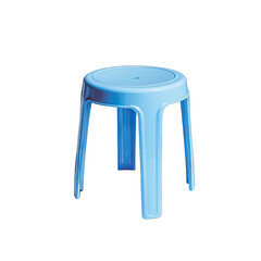 Sky-blue, plastic stool, center view, against dark background