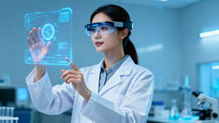 Scientist using holographic interface in lab