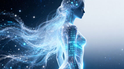 Digital woman with glowing binary code