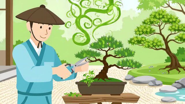 Animated Man Pruning Bonsai Tree in Traditional Japanese Garden with Green Growth Effect