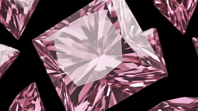 Close up of a sparkling pink princess cut diamond gemstone on a black background.