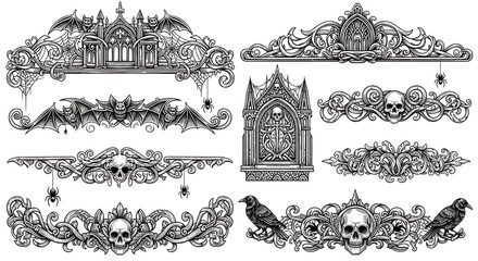 A collection of ornate gothic borders and dividers featuring skulls, bats, and ravens for design
