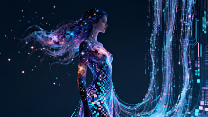 Woman with galaxy pattern and digital streams