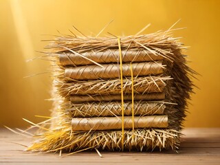 stack of straw on a wooden table with a straw