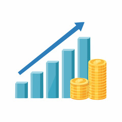 Illustration of a bar graph showing upward growth with stacks of gold coins representing financial success.