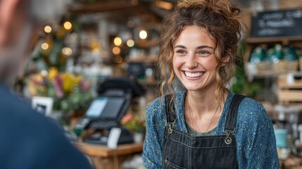 A cheerful young woman with curly hair smiles warmly while interacting with a customer in a cozy, rustic cafe setting.