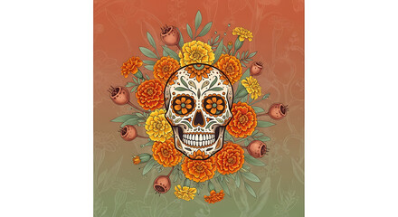 Ornate sugar skull illustration surrounded by vibrant marigold flowers for a cultural festival