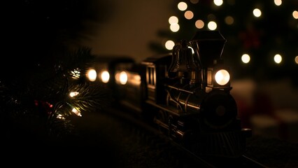 A miniature toy train illuminated by lights, traveling near a decorated Christmas tree.