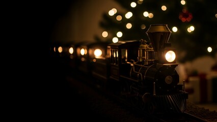 Illuminated toy train travels along a track in front of a Christmas tree.