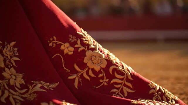 Detailed Golden Embroidery on a Traditional Red Bullfighter Cape.