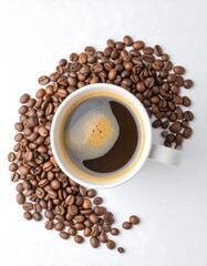 A cup of coffee surrounded by coffee beans
