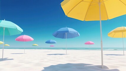 Obraz premium Colorful beach umbrellas on a sunny sandy shore with clear blue sky and ocean in the background