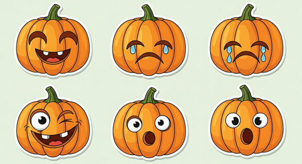 A cute collection of six cartoon pumpkin stickers with funny, sad, and surprised emotions