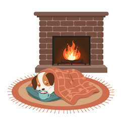 A cute small dog, snuggled in a warm blanket, naps comfortably on a plush rug before a crackling fireplace with a hot chocolate cup, depicted as a vibrant 2D flat vector illustration.