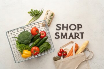 Shopping basket and bag filled with fresh vegetables