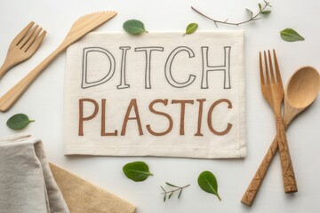Reusable cloth napkin with message about ditching plastic