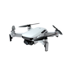 Small white drone, propellers extended, isolated view