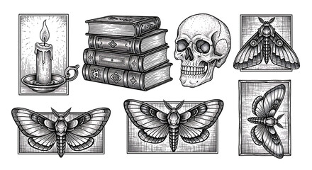 Hand-drawn mystical objects set for dark academia and occult designs in a vintage engraving style