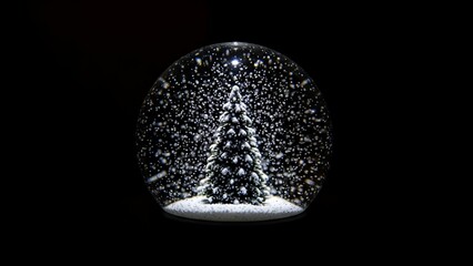 A snow globe with a miniature Christmas tree, swirling snow against a black background.