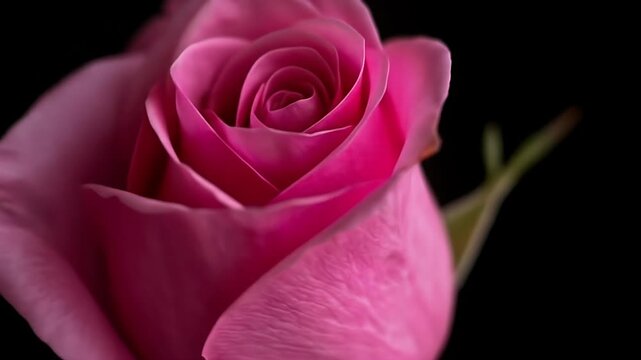 Close up of a vibrant pink rose against a dark background.