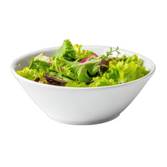 Fresh mixed greens in white bowl. Dark backdrop