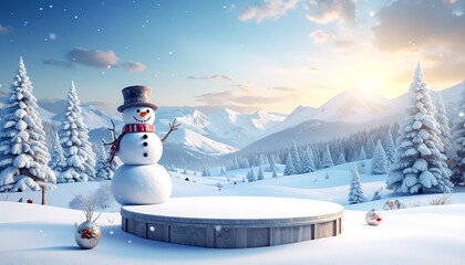 Winter Christmas card with snowy product display, snowman, and holiday wishes.