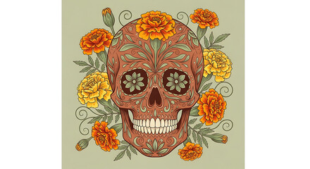 Intricate Hand-Drawn Calavera Sugar Skull Surrounded by Golden Marigold Flowers Art