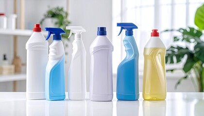 Row of cleaning supplies on a table