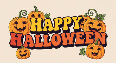 Retro Happy Halloween greeting card with groovy typography and smiling pumpkin characters