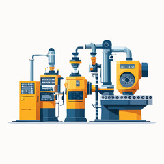 Stylized illustration of industrial machinery with pipes, control panels, and conveyor belt, rendered in yellow and blue on a white background.