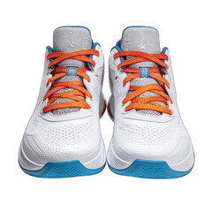 White basketball shoes with orange laces facing forward