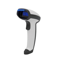 Illuminated handheld device featuring a combination of white and dark gray hues, showcasing a blue glow emitting from its scanning window, against a stark black backdrop.