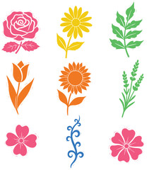 Beautiful collection of colorful stylized flowers and natural botanical elements