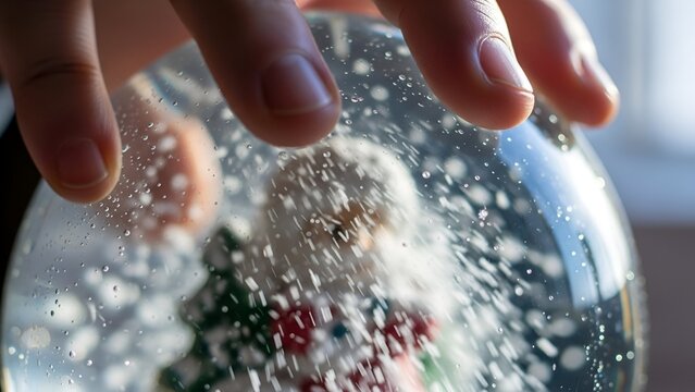 A hand gently touches a snow globe, creating a swirling flurry of artificial snow around a Santa Claus figure inside.